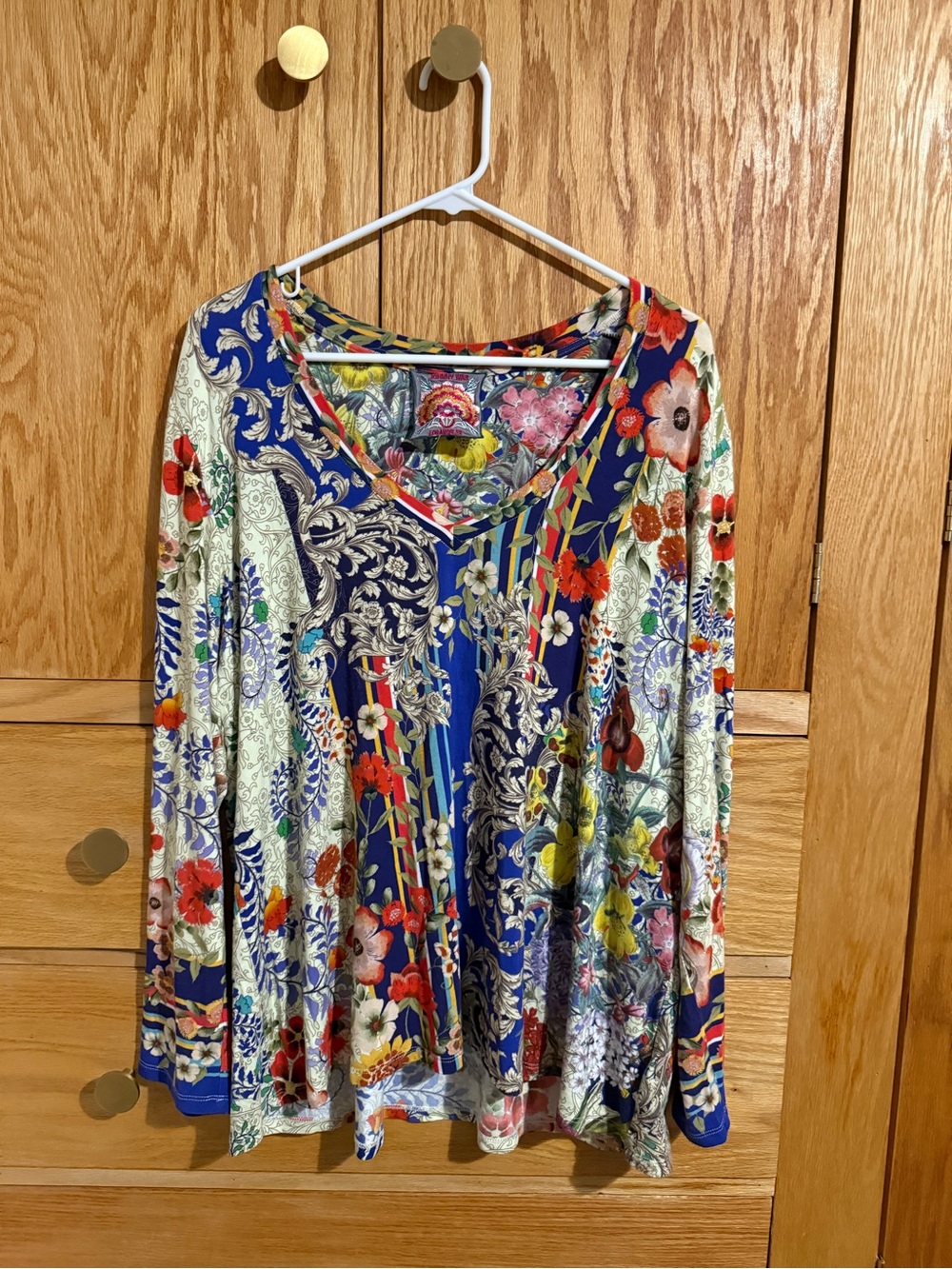 Johnny Was Blue Floral V-Neck Long Sleeve Top